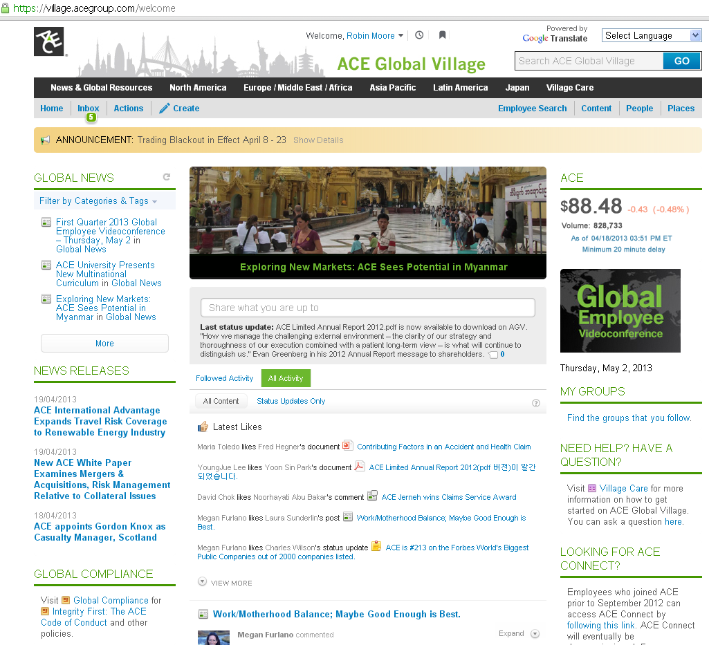 ACE International intranet home page 2013