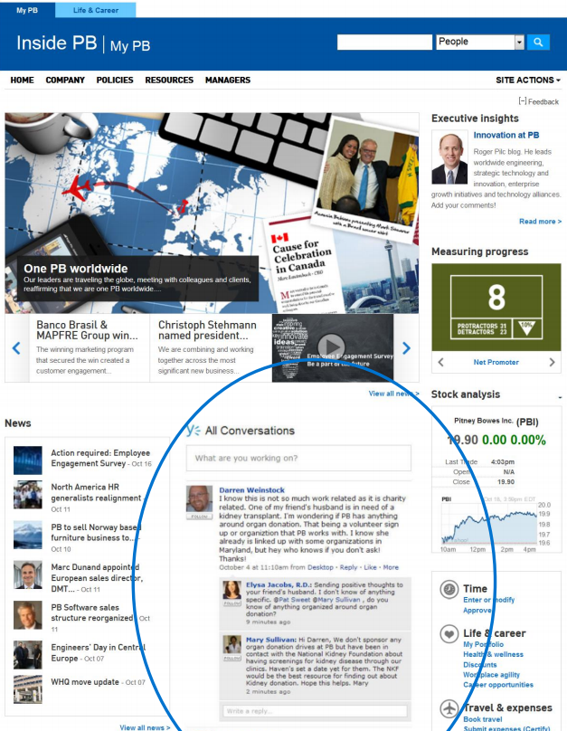 Pitney Bowes Intranet home page using Yammer integration